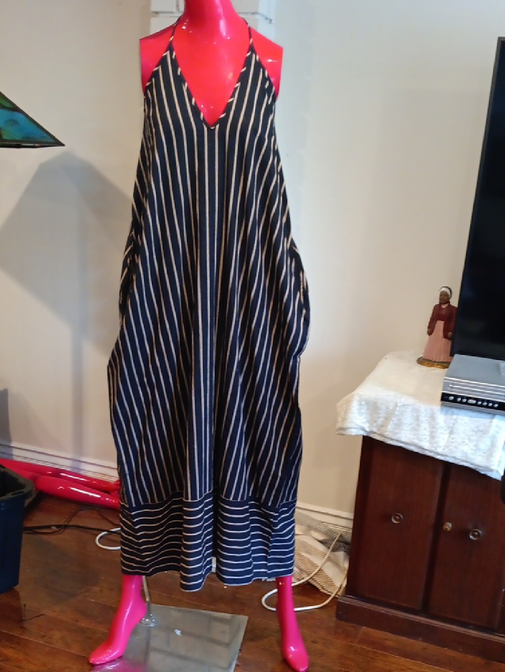 William B. Striped Navy and White V-Neck Maxi Dress